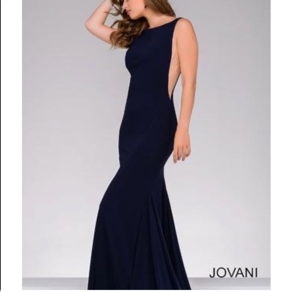 Jovani Navy Prom or Formal attire gown with low back and sheer sides